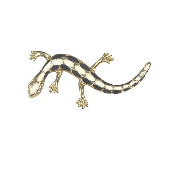Gold-Tone Enamel Gecko Lizard Brooch Pin With Crystal Eyes - Picture 6 of 8